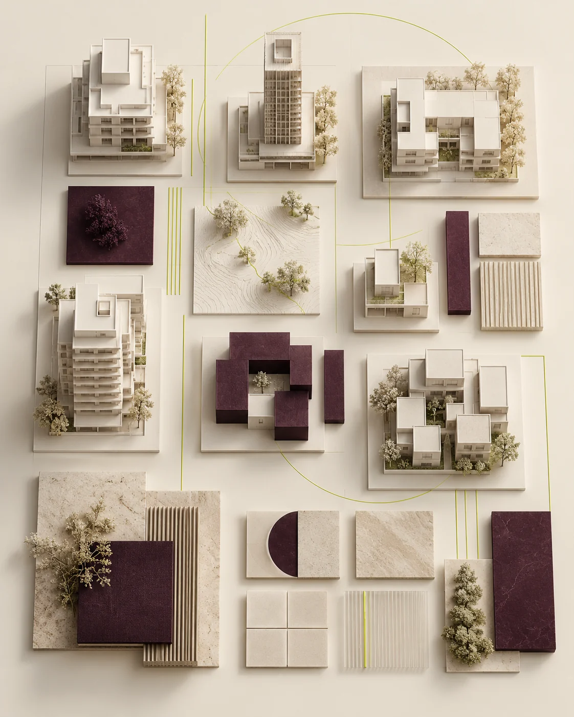 Maquetas blancas de edificios y parcelas vistas en planta sobre un tablero, entre piezas de piedra y bloques berenjena, relacionadas por finas líneas verde lima.