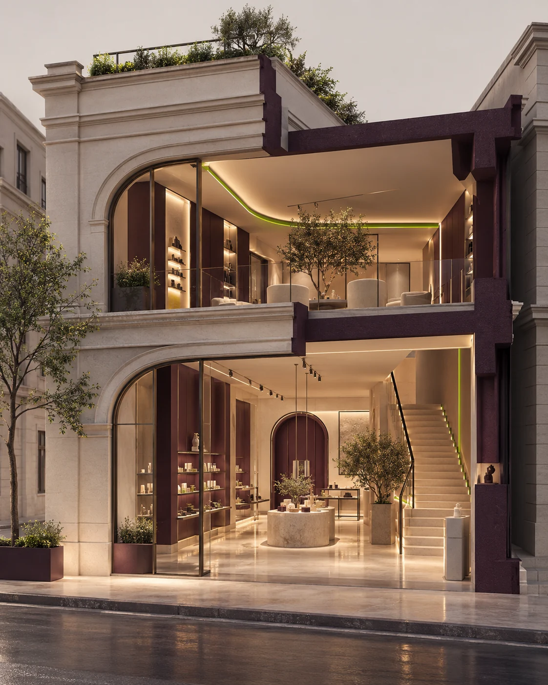 Sección de un edificio de piedra a pie de calle: el local de planta baja y la entreplanta, abiertos e iluminados, acogen una tienda con escalera y zona de estar.