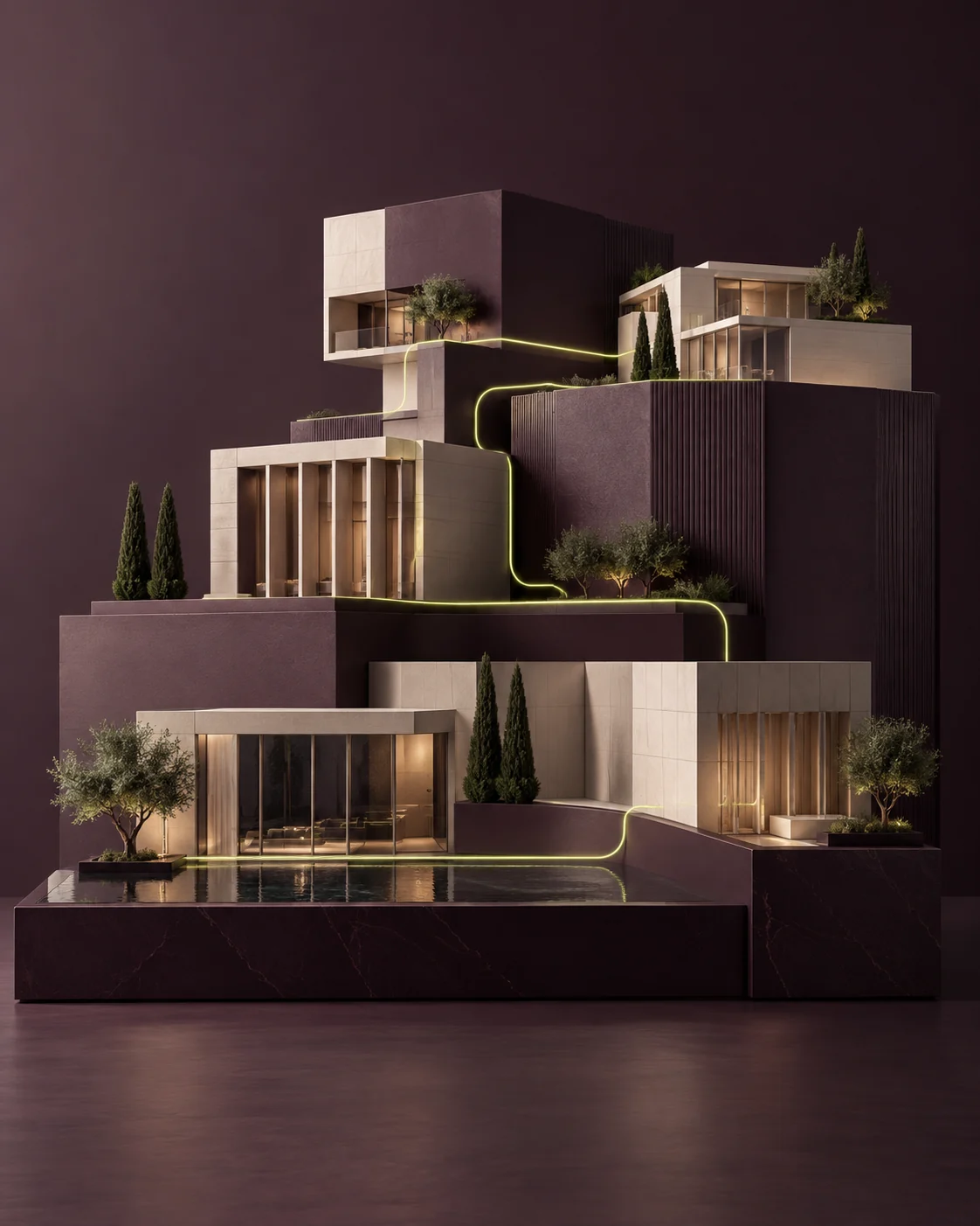 Maqueta de un edificio escalonado de piedra clara y volúmenes berenjena, con terrazas arboladas y una línea verde lima que recorre todos sus niveles.