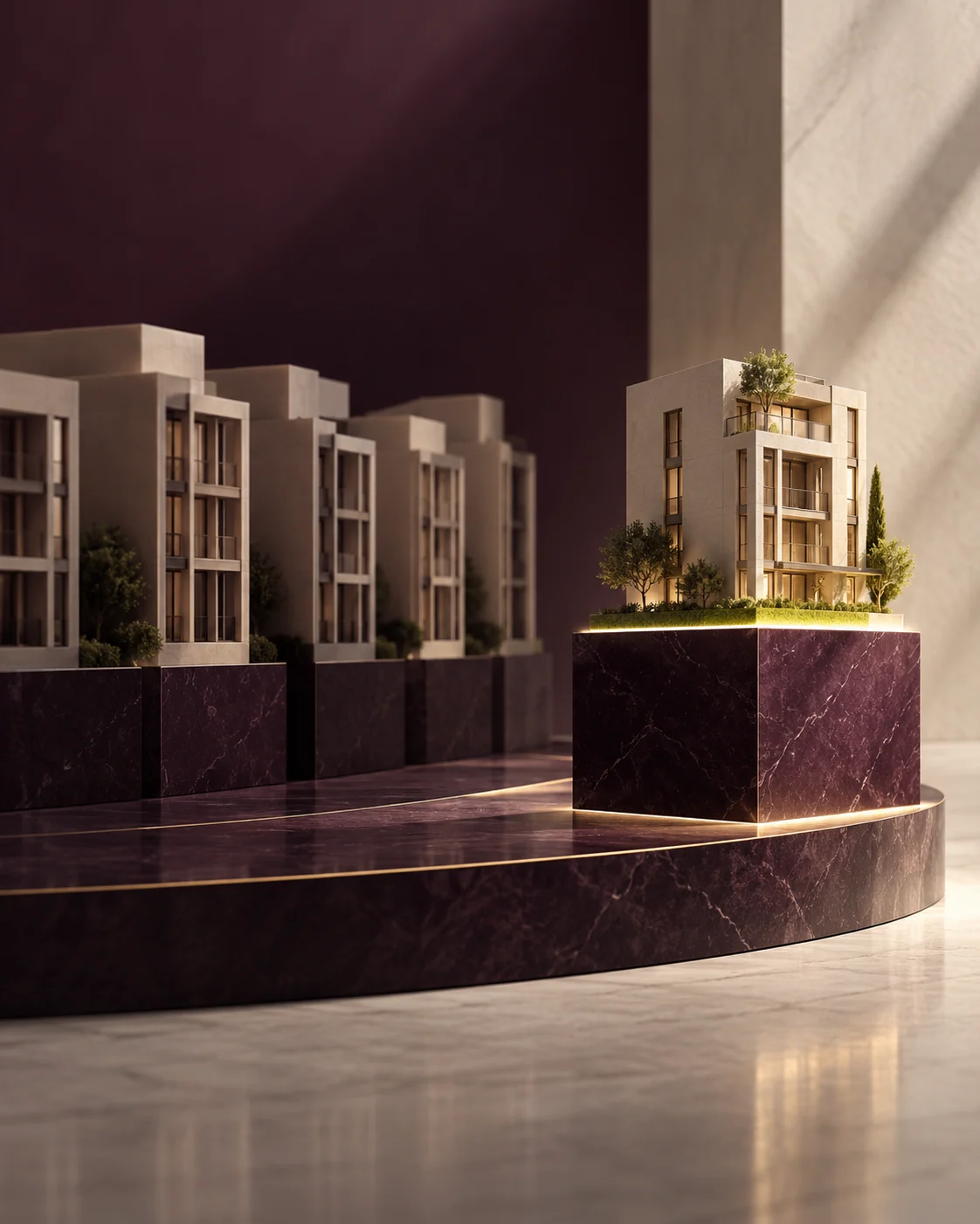 Maquetas de edificios residenciales sobre pedestales de mármol berenjena; uno de ellos, adelantado e iluminado, se separa del conjunto.